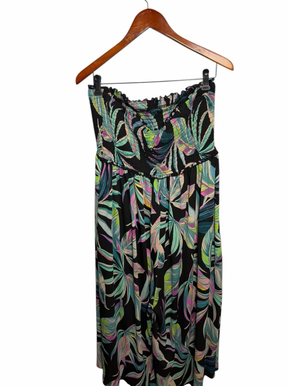 torrid 0 Black Green Strapless Tropical Leaf  Pantsuit flowy XL - Picture 2 of 8
